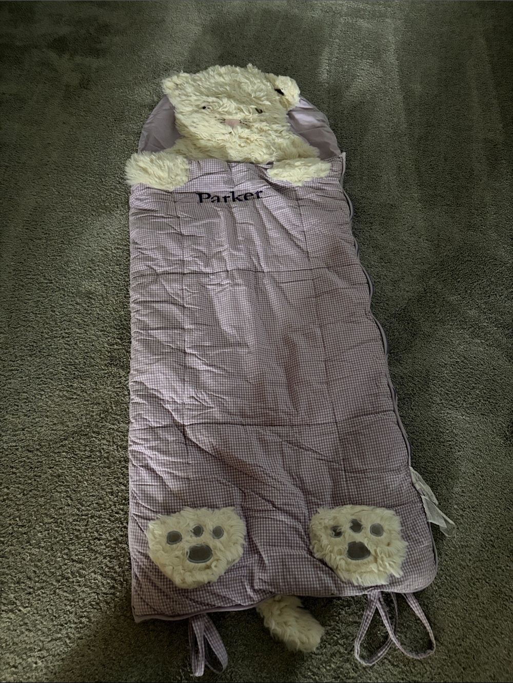 Pottery Barn Kids Lilac Plaid Sleeping Bag with Faux Fur Hood “parker”